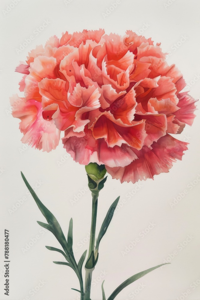 watercolour painting of a single vibrant pink carnation flower in the middle of the frame on a white background watercolour painting of a single vibrant pink carnation flower in the middle of the frame on a white background