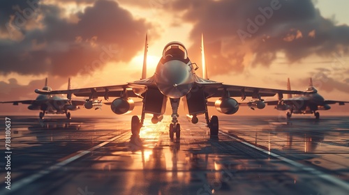 The fighter jets are taking off for an attack. 3d render and illustration. ,Generative ai,  photo