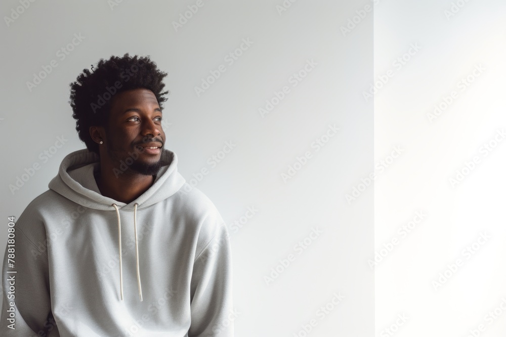 Portrait of a glad afro-american man in his 20s sporting a comfortable hoodie isolated on minimalist or empty room background Portrait of a glad afro-american man in his 20s sporting a comfortable hoodie isolated on minimalist or empty room background