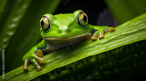 green frog sitting on a green leaf 