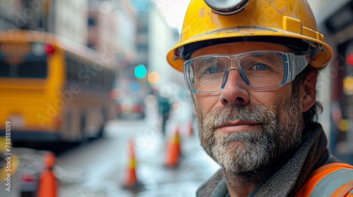 Amidst the urban hustle, a rugged construction worker, donning a yellow hard hat and safety glasses, stares into the lens against a backdrop of blurred city life.  © Best