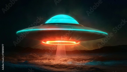 Realistic photo of a UFO, a flying saucer flies in the sky and dramatically highlights the clouds