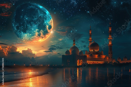 moon and mosque in front of night cloudy and starry sky copy space for text