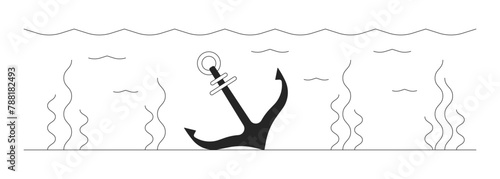 Lost ship anchor underwater 2D linear cartoon object. Vessel mooring tool on sea bottom isolated line vector element white background. Shipwreck consequences monochromatic flat spot illustration