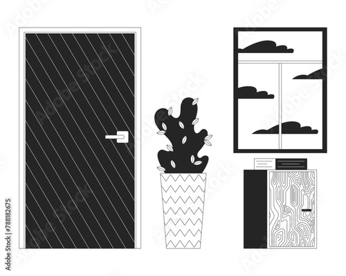 Doorway lobby decoration black and white 2D line cartoon object set. Office building entryway design isolated vector outline items collection. Interior style monochromatic flat spot illustrations