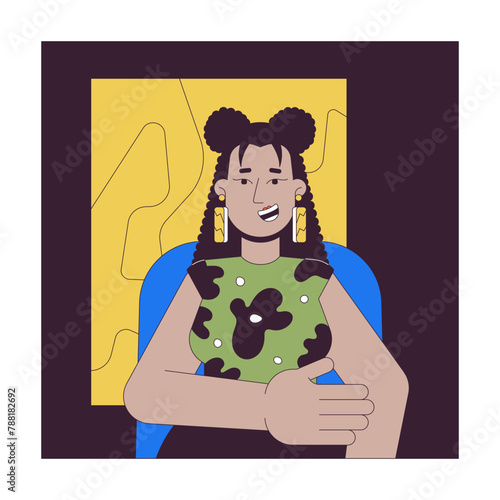 Happy latina woman in office 2D linear cartoon character. Female manager taking part in video conference isolated line vector person white background. Remote work color flat spot illustration