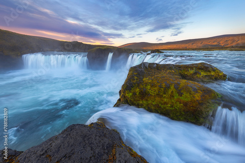 Fantastic sunset scene of powerful Godafoss waterfall