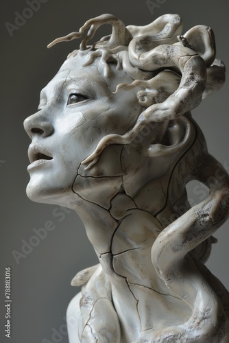 Gorgon Medusa Statue with Cracks in Modern Art Style