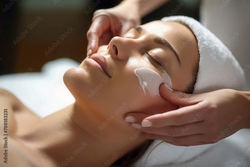 Skincare treatment. Hands applying anti aging facial cream on woman face in spa salon. Skincare treatment. Hands applying anti aging facial cream on woman face in spa salon.