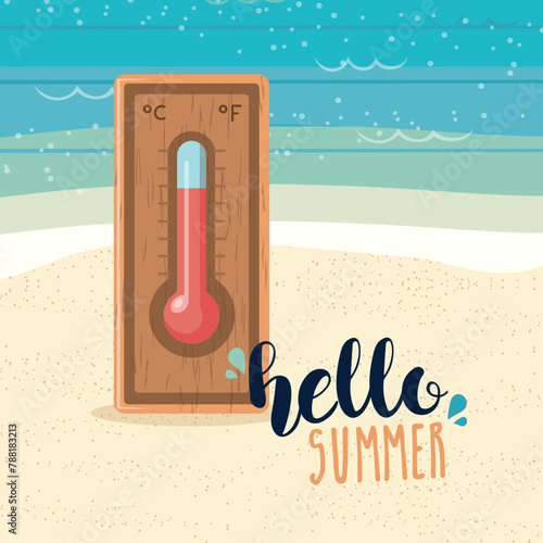 Beach background with a weather thermometer