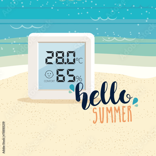 Beach background with a celsius digital weather thermometer