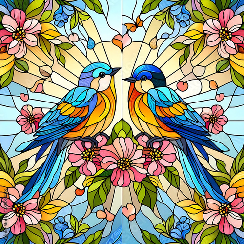 A pair of spring birds on a flowering branch in stained glass style