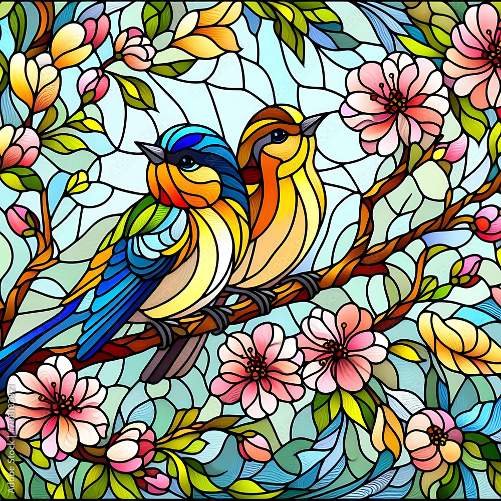 A pair of spring birds on a flowering branch in stained glass style A pair of spring birds on a flowering branch in stained glass style