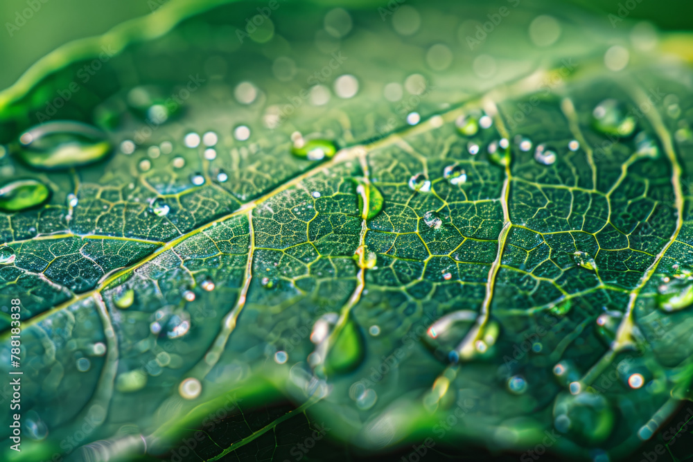 Detailed shot of water droplets on a green leaf after rain. Detailed shot of water droplets on a green leaf after rain.