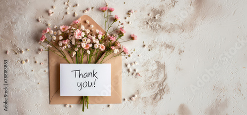 Envelope with flowers and a Thank You message on neutral background