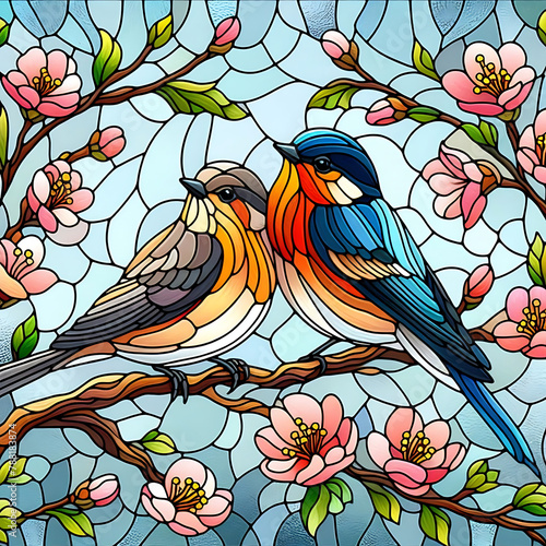 A pair of spring birds on a flowering branch in stained glass style © julimur