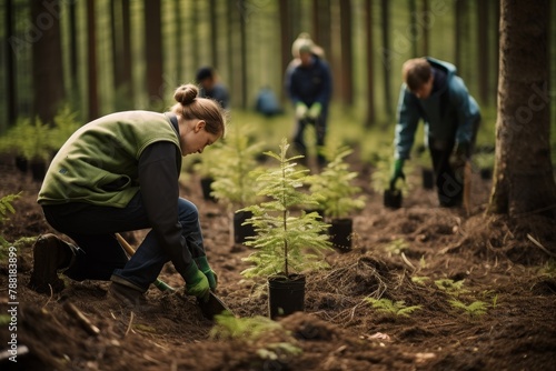 Volunteers and environmental activists plant new young trees in the forest. Concept: caring for the environment © Maria