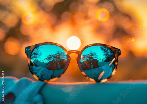 Reflective Sunglasses on Beach at Sunset with Tropical Scenery Refraction © Qstock