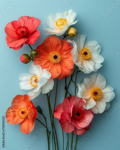 A harmonious blend of Poppy and Camellia traits, with striking colors against a soothing light blue backdrop , Prime Lenses