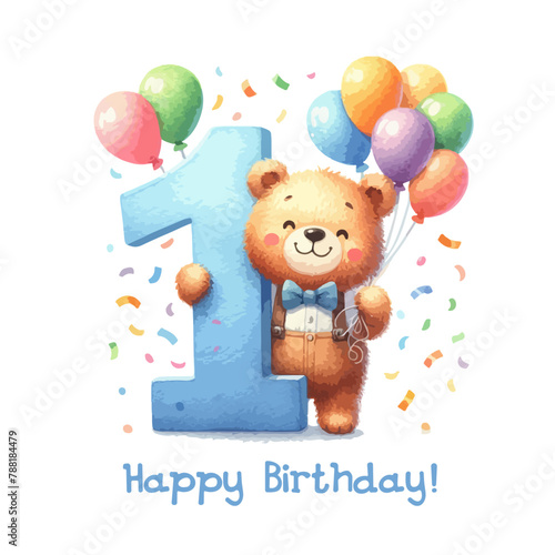 Watercolor birthday card with big number one and gift boxes