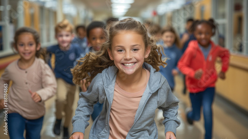 pupils running through school corridor.