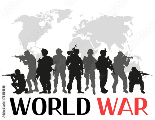 World War. Soldiers in uniform with pistols and machine guns on a world map background.