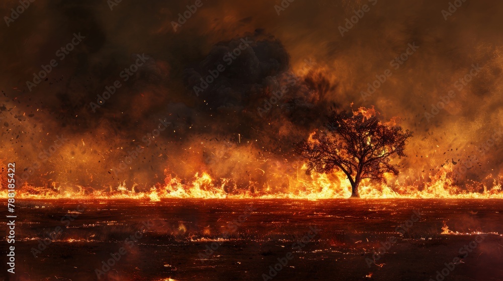 Fiery landscape with a single tree engulfed in flames, evoking a powerful message of climate crisis and the urgency of environmental protection