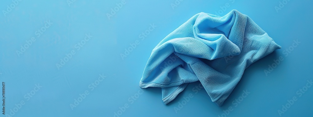 A crumpled blue microfiber cloth lies on a blue surface.