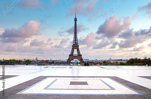 PARIS, FRANCE - MARCH 30, 2024: Eiffel Tower seen from the Jardins du Trocadero in Paris, France. Eiffel Tower is one of the most iconic landmarks of Paris