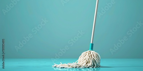 A wet mop on a shiny blue floor, ready for a cleaning session.