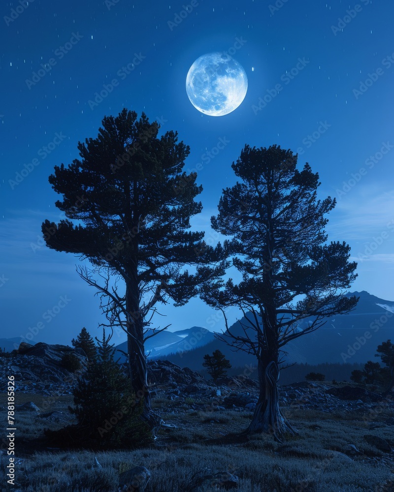 Silhouette of Tree Against Moonlit midnight Sky in Tranquil Nature Silhouette of Tree Against Moonlit midnight Sky in Tranquil Nature