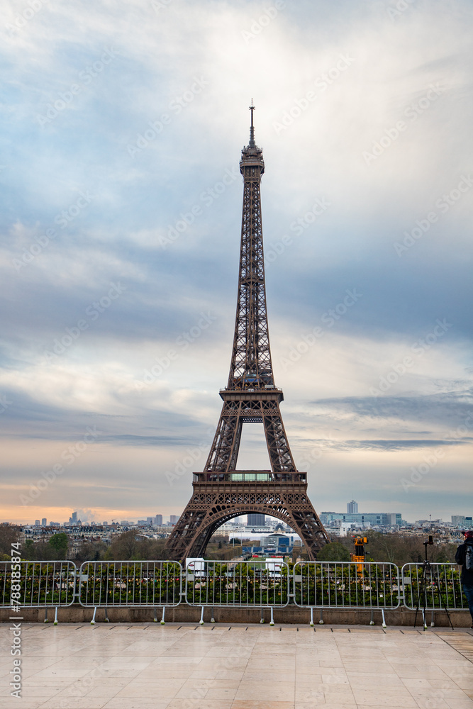 PARIS, FRANCE - MARCH 30, 2024: Eiffel Tower seen from the Jardins du Trocadero in Paris, France. Eiffel Tower is one of the most iconic landmarks of Paris