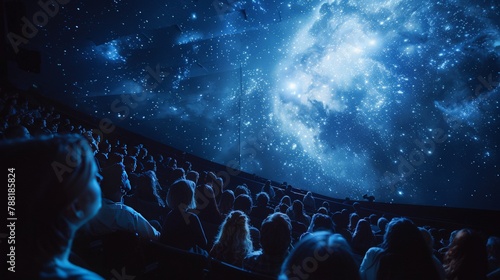 People watching galaxy in a planetarium with cosmic projections photo