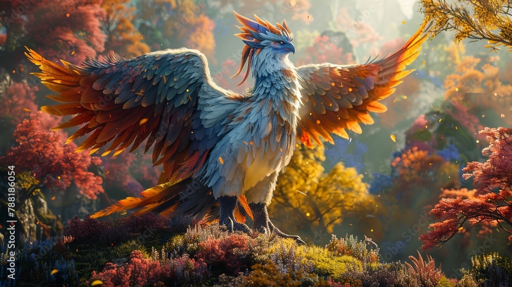 A magical entity with the majestic wings of a griffin and the radiant plumage of a phoenix, standing out in a colorful, dreamlike forest setting , unique hyper-realistic illustrations A magical entity with the majestic wings of a griffin and the radiant plumage of a phoenix, standing out in a colorful, dreamlike forest setting , unique hyper-realistic illustrations
