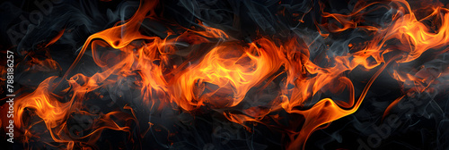 Flames are burning in the dark and a black background , Glowing Embers: Flames Against the Black Background
