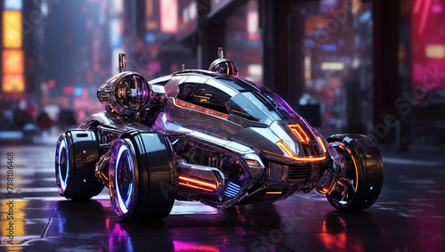 A futuristic car is shown in a dark urban environment