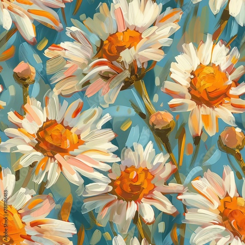multicolored painted daisy flowers, in the style of layered cartoon anime , light pink and light orange. ai generated
