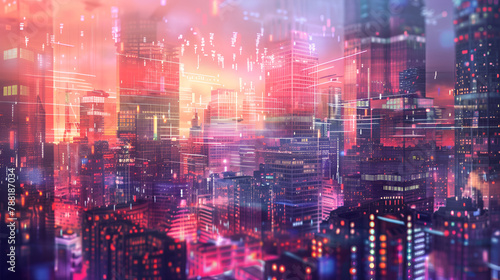 A bustling city of the future  characterized by its dazzling lights and modern architectural marvels  A futuristic cityscape at dusk with neon lights reflecting off of glass buildings