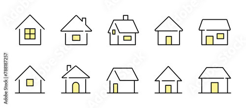 窓やドアがあるシンプルな家、ホーム、ハウスの線画ベクターラインアイコンセット
