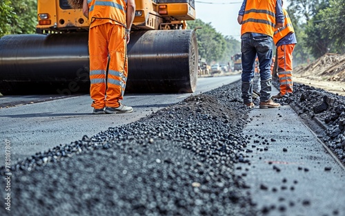 Road construction workers in reflective safety attire oversee the asphalt paving process, with a road roller in operation behind them, signifying diligent workmanship.
