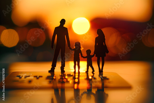 Family stands on a credit card on the background of the sunset. Generative AI