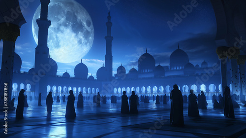 3D illustration showcasing the essence of Eid Al-Adha, with graceful silhouettes of worshippers in traditional attire performing prayers against a backdrop of intricate Islamic architecture  photo