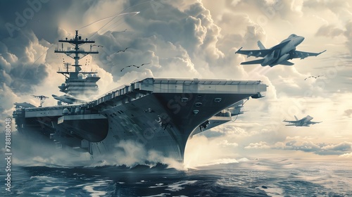 panoramic view of a generic military aircraft carrier ship with fighter jets take off during a special operation at a warzone, wide poster design with copy space area