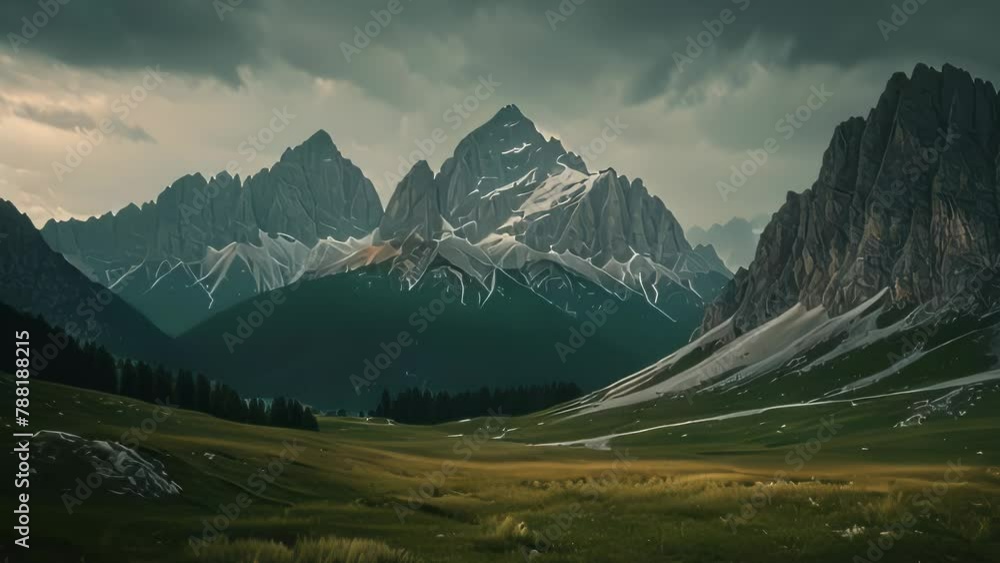 Video animation of majestic mountain range under a dramatic sky. Sharp peaks rise boldly against dark, moody clouds, while the foreground features a lush green valley with hints of yellow grass Video animation of majestic mountain range under a dramatic sky. Sharp peaks rise boldly against dark, moody clouds, while the foreground features a lush green valley with hints of yellow grass