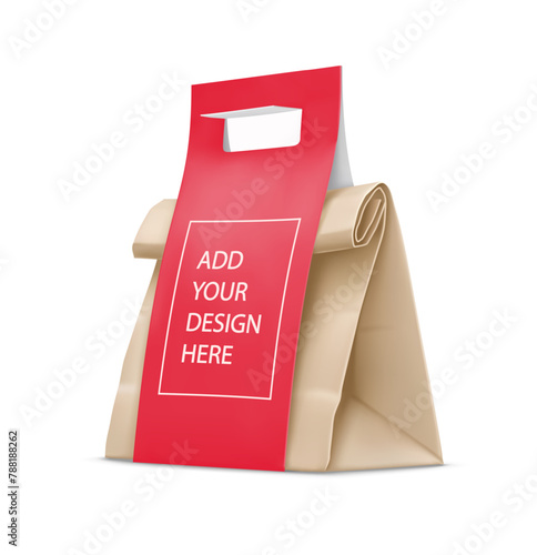 Kraft paper bag with handle for fast food delivery. Takeaway packaging to go. Isolated on white background. Realistic object. Vector illustration.