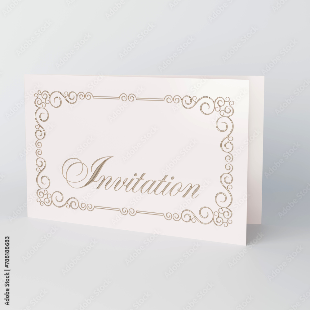 Invitation card with ornate framework and calligraphic lettering Invitation. Golden metallic material. 3D render.