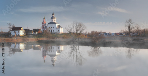 View of high perspective landscape with church and water, Suzdal, Vladimir district, Russia.
