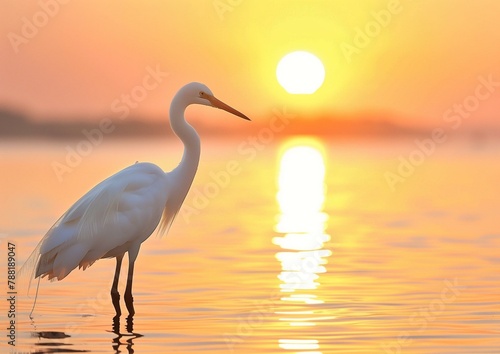 Majestic Great Egret Standing in Water at Golden Sunset © Qstock
