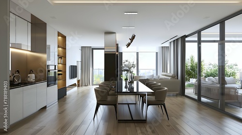 Modern interior of apartment  dining room with table and chairs  living room with sofa  hall  panorama 3d rendering
