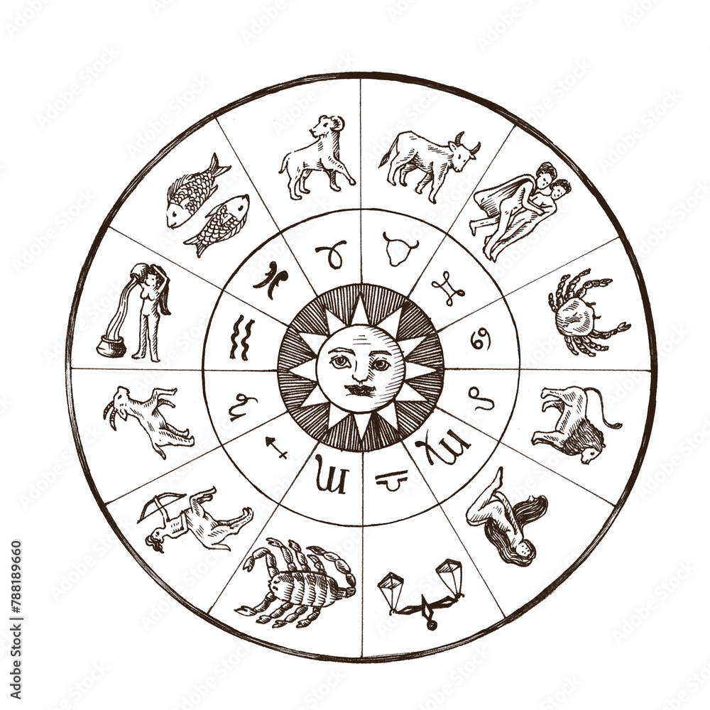 Hand drawn horoscope sign circle sticker with a white border design element Hand drawn horoscope sign circle sticker with a white border design element